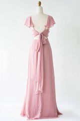 V-hals blush roze chiffon bruidsmeisje jurk