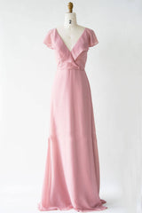 V-hals blush roze chiffon bruidsmeisje jurk