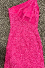 Sleevess One Shoulder Hot Pink Tight Homecoming Dress