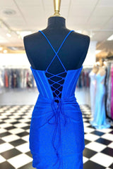 Straps Royal Blue Beaded Pleated Bodycon Homecoming Dress