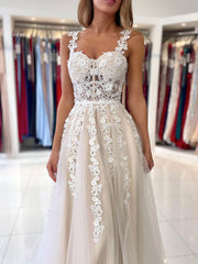 A-Line Sweetheart Neck Tulle Lace Champagne Long Prom Dress, Lace Evening Dress