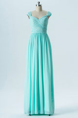 Aqua Blue Sweetheart Cap Sleeve Bridesmaid Dress