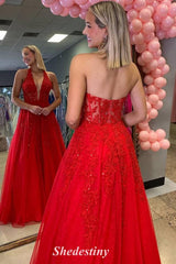 Applique Red Halter V-Neck A-Line Tulle Prom Dress