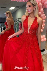Applique Red Halter V-Neck A-Line Tulle Prom Dress