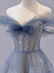 Blue tulle off shoulder long prom dress, blue tulle formal dress