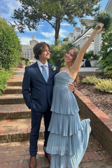 A-line Strapless Ruffle Multi-Layer Blue Long formal dresses Bridesmaid Dresses evening gown Prom Dress