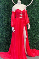 Off-Shoulder Beaded Strapless Cutout Long Prom Dress with Balloon Sleeves