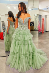 Princess A Line Off the Shoulder Light Pink Long Prom Dress with Ruffles