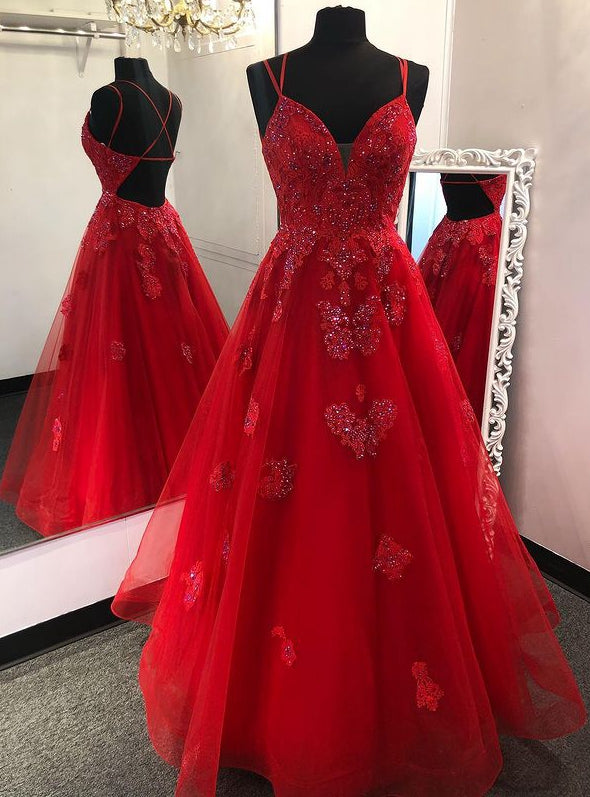 Red Long Prom Dress with Appliques and Beading,Prom Dresses,Pageant Dress