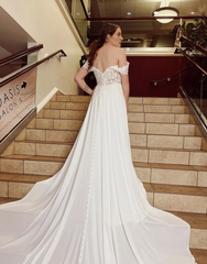 Aimishang A-Line Wedding Dress Off The Shoulder Chapel Train Lace And Satin