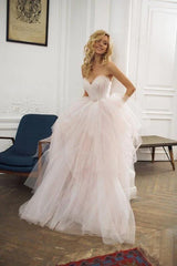 A Line Sweetheart Backless Strapless Tulle Long Elegant Wedding Dresses