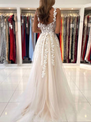 A-Line Sweetheart Neck Tulle Lace Champagne Long Prom Dress, Lace Evening Dress