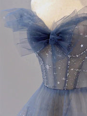 Blue tulle off shoulder long prom dress, blue tulle formal dress