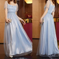 Women's blue sheer card polka dot printed ball elegant formal party prom dress