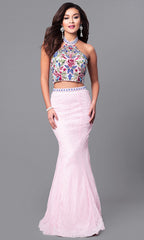 Two-Piece Long Lace Prom Dress with Beaded Halter