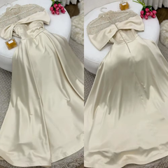 Elegant A-Line Evening Gown Elegant Dress Formal Floor Length Short Sleeve Illusion Neck Satin with Ruched Beading Prom Dress HZ1024
