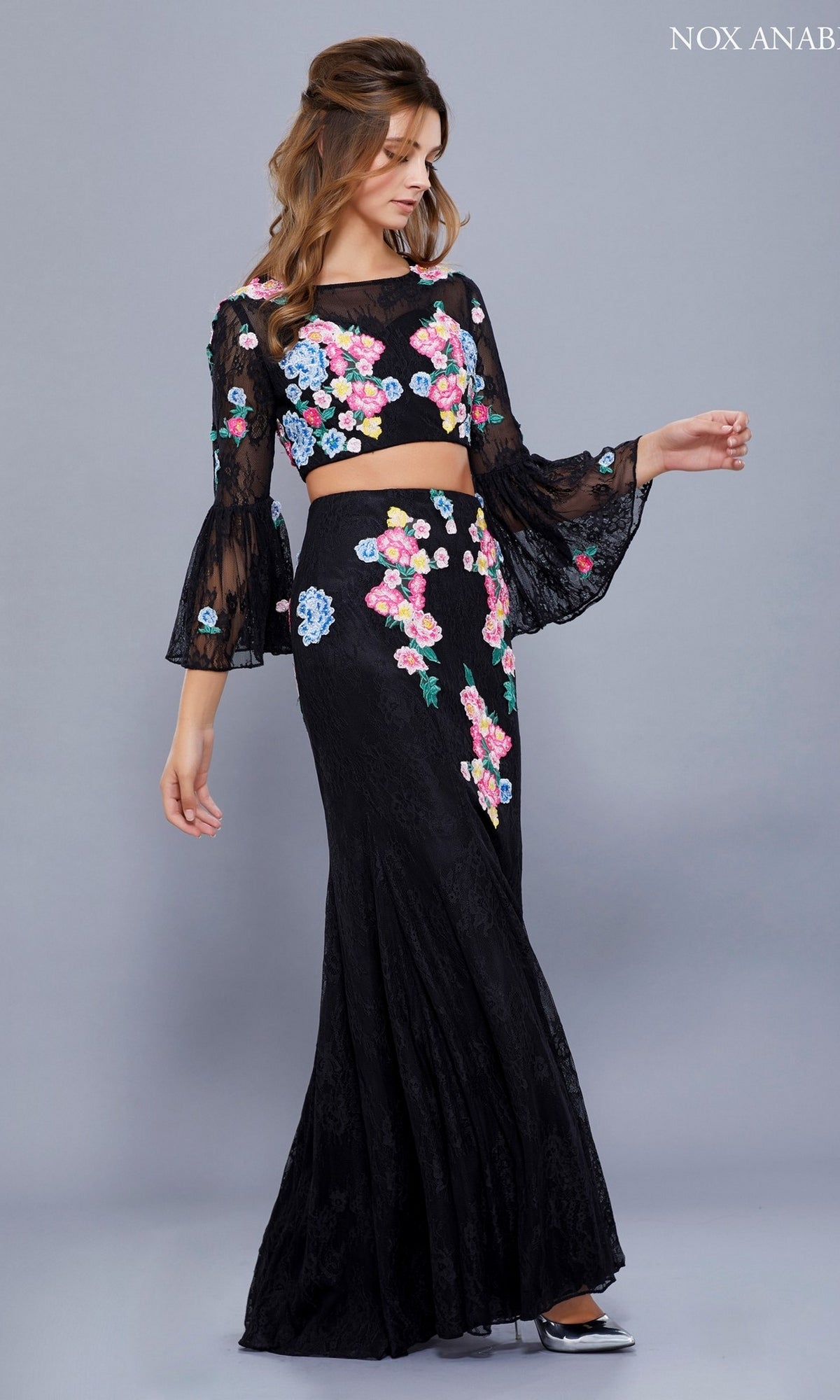 Two Piece Prom Dress With Bell Sleeves