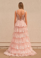 Pink Princess A Line Off the Shoulder Corset Prom Dress with Lace Ruffles
