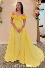 Ruffle Off the Shoulder Yellow Sheath Porm Dress with Train
