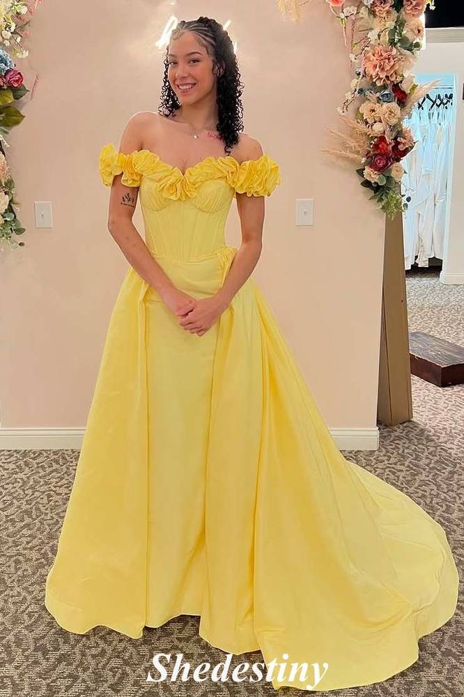 Ruffle Off the Shoulder Yellow Sheath Porm Dress with Train