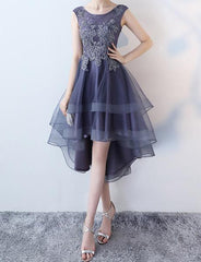 Grey-Purple High Low Round Neckline Party Dresses, Cute Party Dresses in Stock