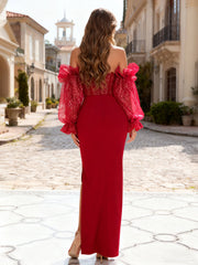 Off-Shoulder Sequin Corset Bodice Gown with Slit Burgundy
