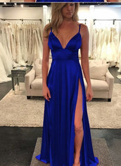 Blue Prom Dress Slit Skirt, Dance Dresses, Graduation School Party Gown