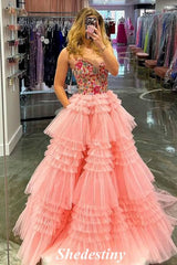 V-Neck Light Pink A Line Tiered Ruffles Prom Dress with Printed Embroidery