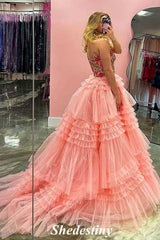V-Neck Light Pink A Line Tiered Ruffles Prom Dress with Printed Embroidery