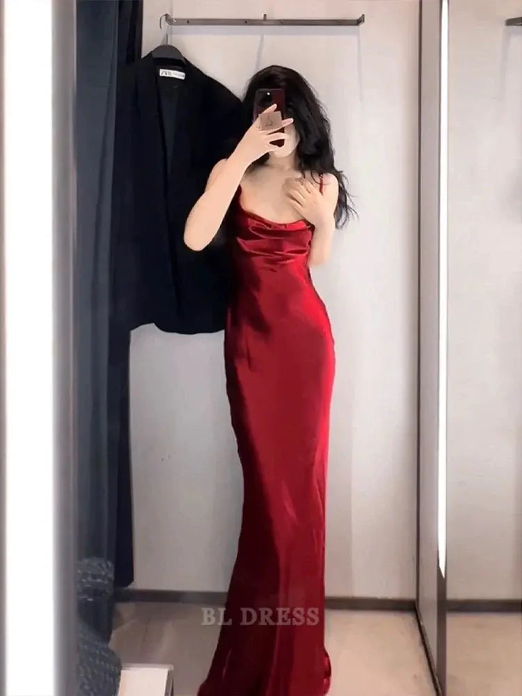 Mermaid Spaghetti Straps Vintage Burgundy Satin Long Floor Length formal dresses Bridesmaid Dresses evening gown Prom Dress