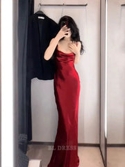 Mermaid Spaghetti Straps Vintage Burgundy Satin Long Floor Length formal dresses Bridesmaid Dresses evening gown Prom Dress