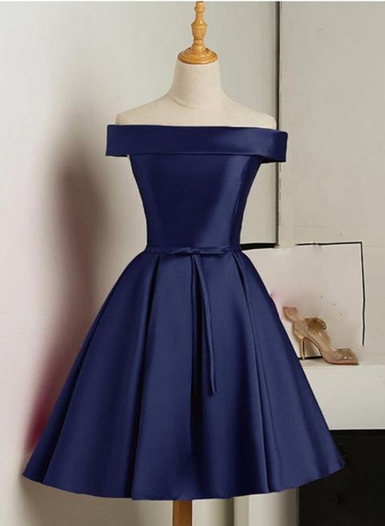 Beautiful Navy Blue Satin Knee Length Homecoming Dress, Blue Short Prom Dress