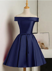 Beautiful Navy Blue Satin Knee Length Homecoming Dress, Blue Short Prom Dress