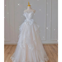 White French Strapless Wedding Gown Bow Tie Long Prom Dress