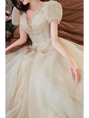 Aimishang A-Line Prom Dresses Gowns Evening Dresses Valentine's Day Wedding Guest Floor Length Short Sleeve V Neck Tulle with Sequin
