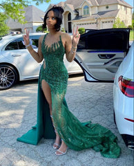 Vintage Green Shiny Beaded Mermaid Prom Dress Party Dress Evening Dress HZ1024