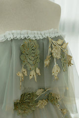 Light Green Off Shoulder Tulle Long Prom Dress A-line Green Party Dress