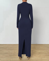 Navy Women Bodycon Maxi Dress Long Sleeve Back Slit Ruched Elegant Party Cocktail Formal Fall Prom Dresses