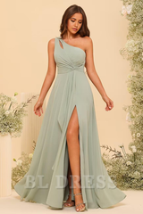 A Line One Shoulder Raseal Chiffon formal dresses Bridesmaid Dresses evening gown Prom Dress with Pleated