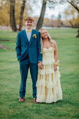 A Line Yellow Tulle Long Prom Dresses Tiered Graduation Formal Dress
