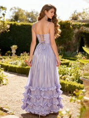 Spaghetti Strap High Slit Dress with Crinkle Fabric Lavender