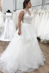 Long Ruffles A-line V-Neck White Wedding Dress with Lace