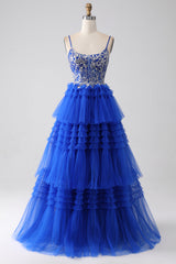 Royal Blue Spaghetti Straps Tiered Prom Dress with Sequins Beautiful