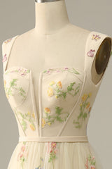 A-Line Square Neck Embroidered Prom Dress Floor Length With Flowers