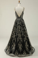 Black Golden A Line Spaghetti Straps Long Prom Dress V-neck Floor Length
