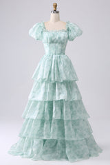 Light Blue Floral Print A-Line Off The Shoulder Tiered Prom Dress Floor Length Beautiful