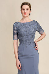 Grey Blue Mermaid Floor Length Chiffon Mother of Bride Dress With Appliques Beautiful