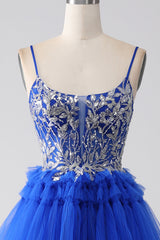 Royal Blue Spaghetti Straps Tiered Prom Dress with Sequins Beautiful