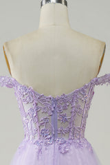 Light Purple A-Line Off The Shoulder Long Corset Tulle Prom Dress with Lace Beautiful