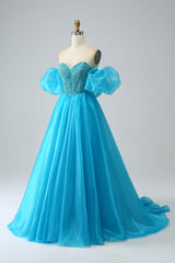 Blue Ball-Gown Sweetheart Beaded Corset Prom Dress with Detachable Sleeves Off Shoulder
